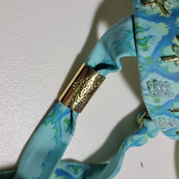 Lisa Blue Molded Cups Beaded Bikini Top Gold Details Size Small - Picture 9 of 11